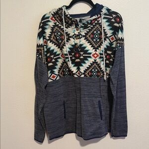 Aztec Patterned Hoodie with Blue Accents
